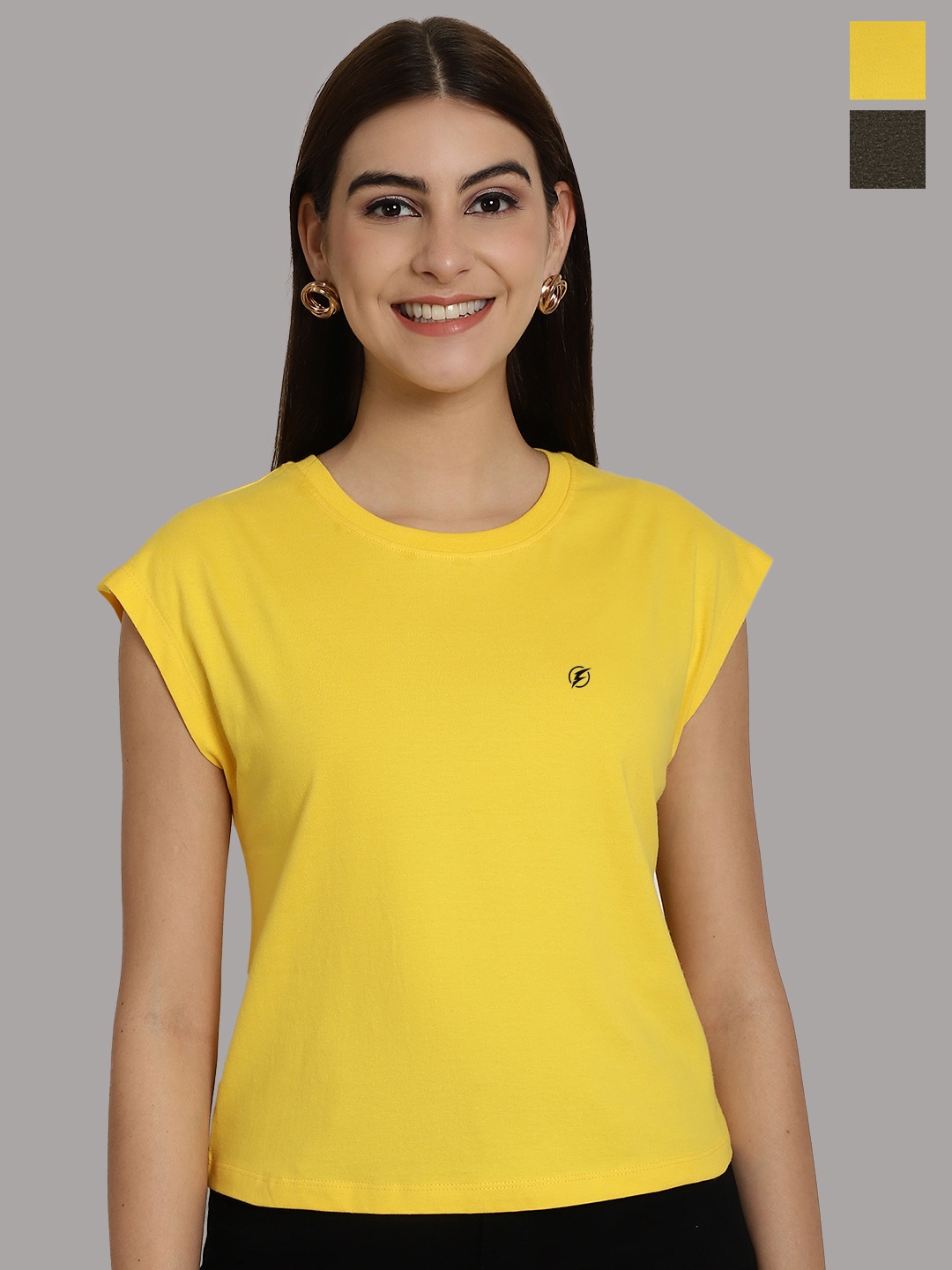 

Friskers Women Yellow 2 Extended Sleeves Applique T-shirt