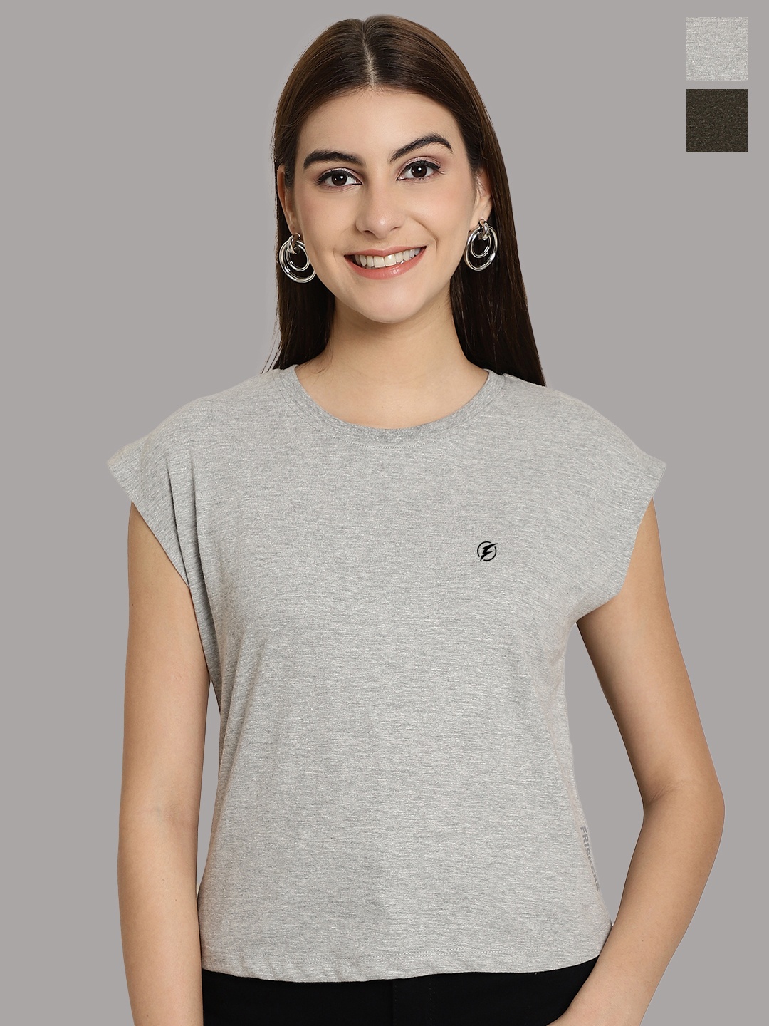 

Friskers Women Grey 2 Extended Sleeves Applique T-shirt