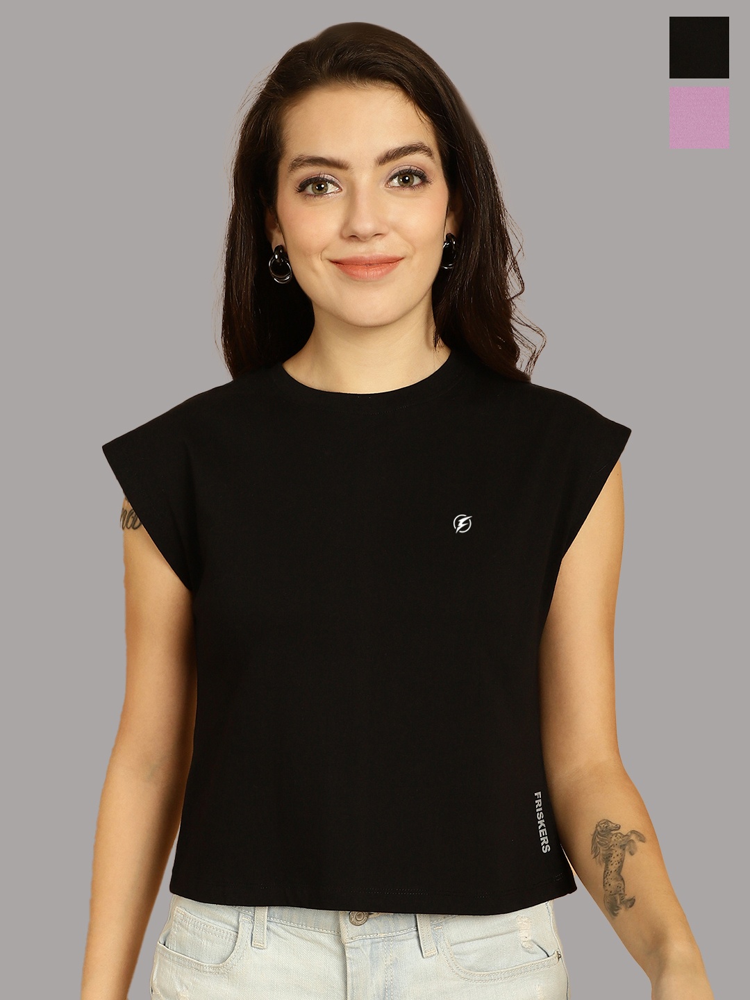 

Friskers Women Black 2 Applique T-shirt