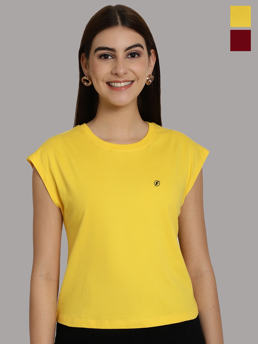 

Friskers Women Yellow 2 Extended Sleeves Applique T-shirt