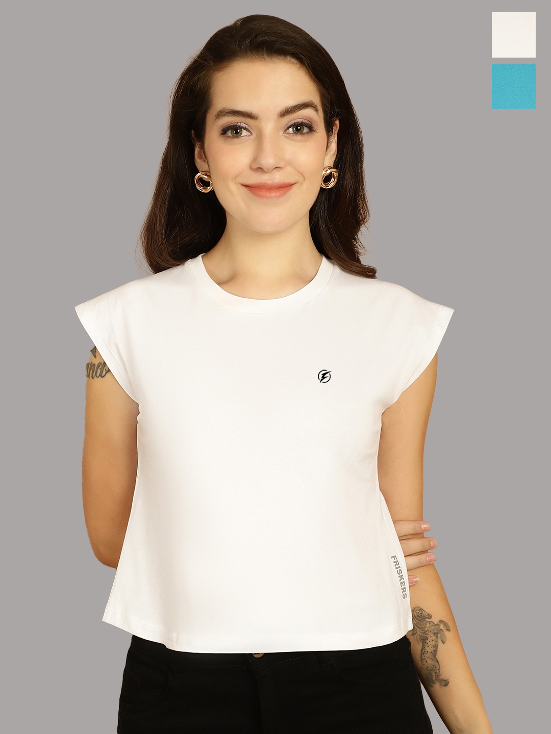 

Friskers Women White 2 Extended Sleeves Applique T-shirt
