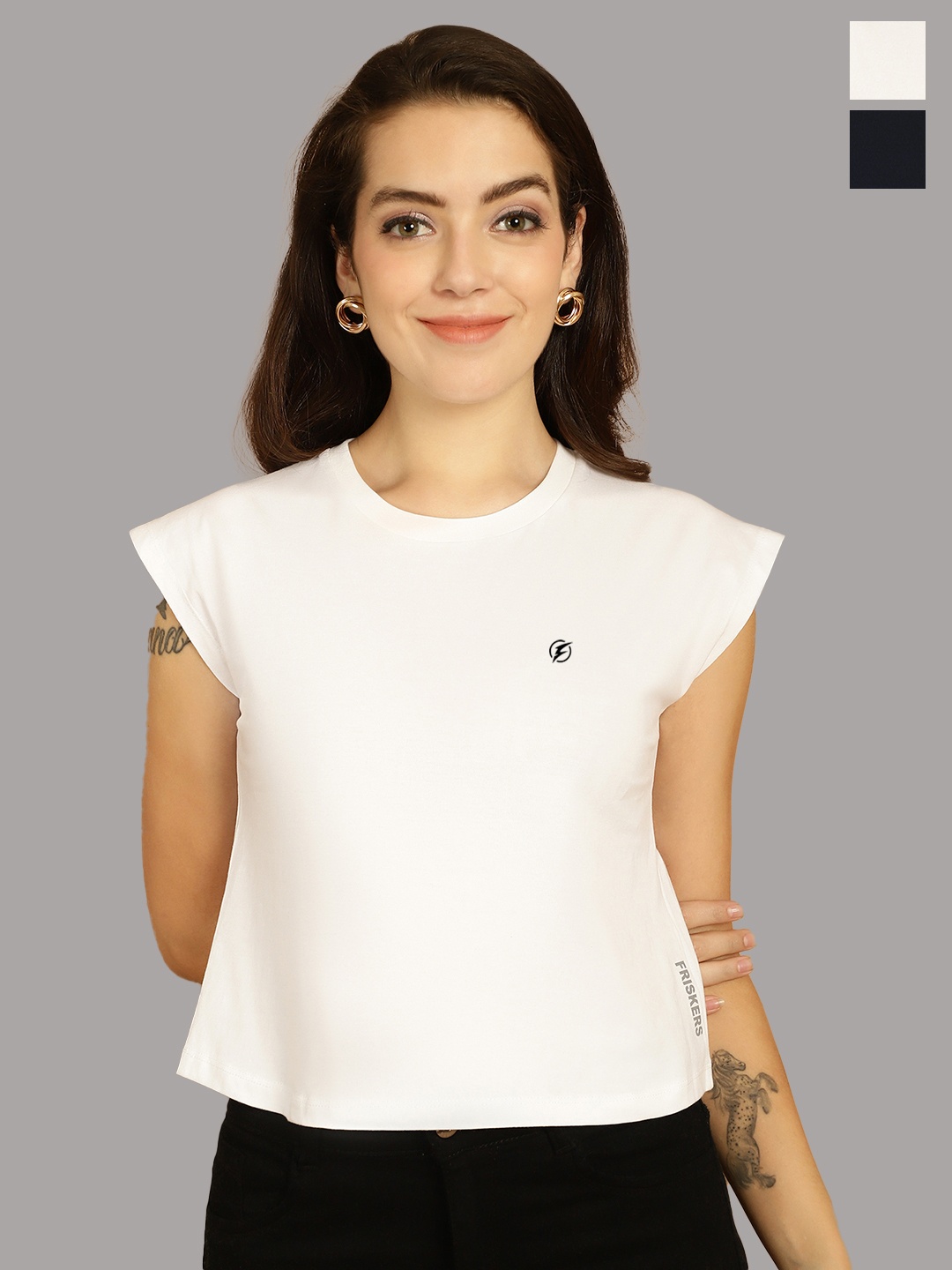 

Friskers Women White 2 Applique T-shirt