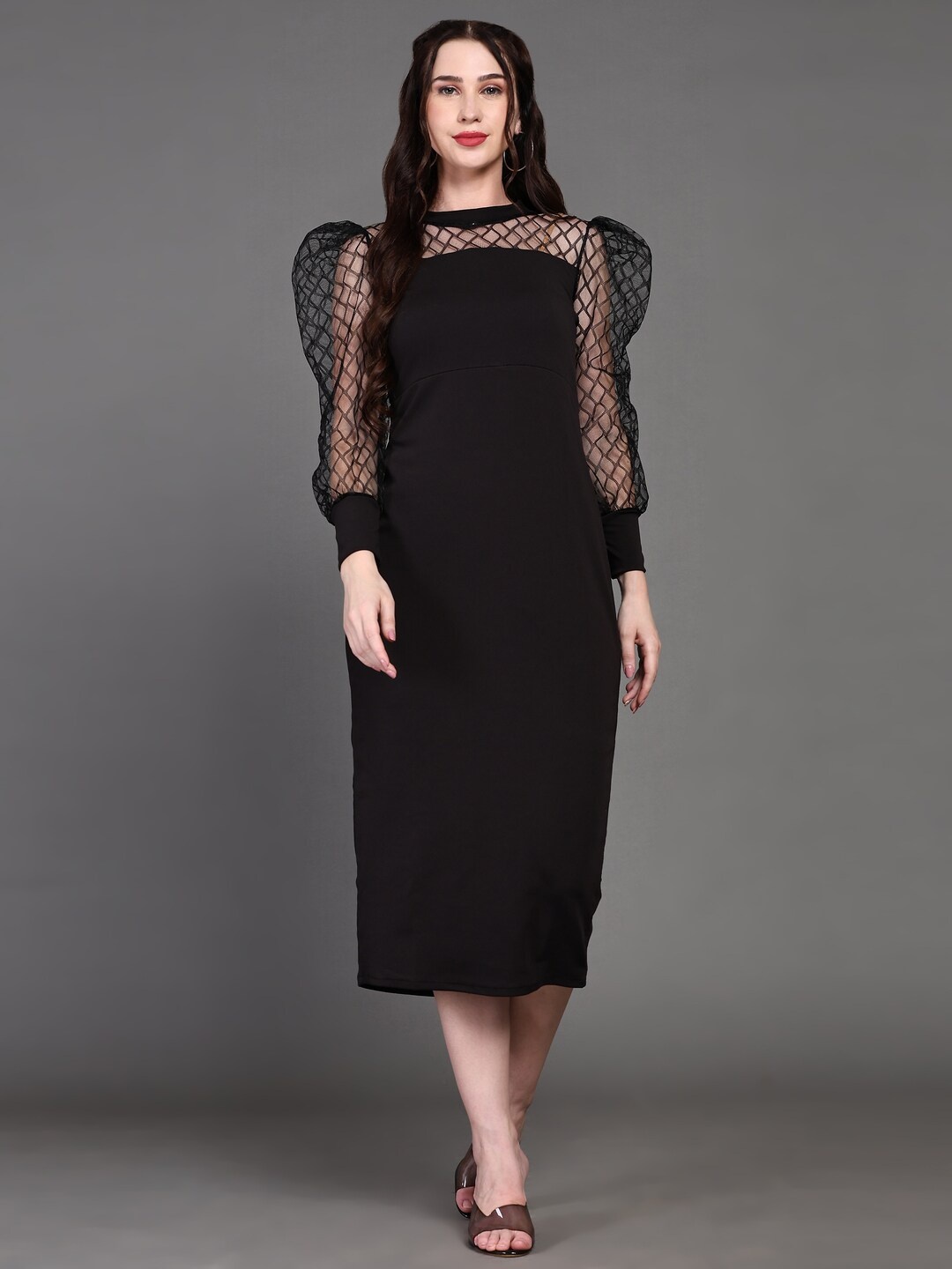 

Ziva Fashion Cuffed Sleeves Cotton Sheath Midi Dress, Black