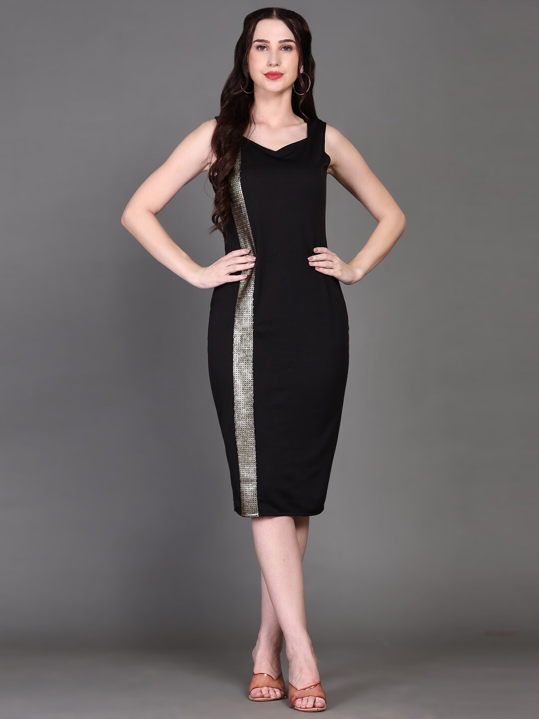 

Ziva Fashion Sweetheart Neck Sequinned Cotton Sheath Dress, Black