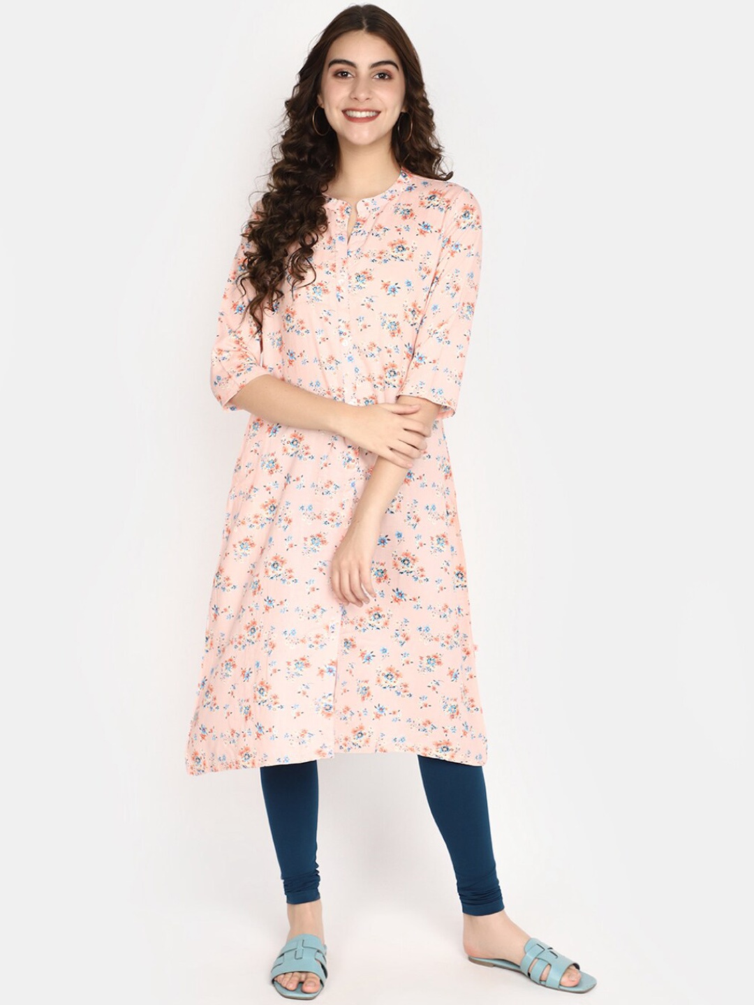 

V-Mart Floral Printed Mandarin Collar A-Line Kurta, Pink