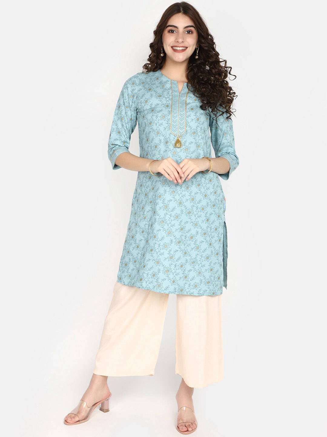 

V-Mart Floral Printed Notched Round Neck Kurta, Blue