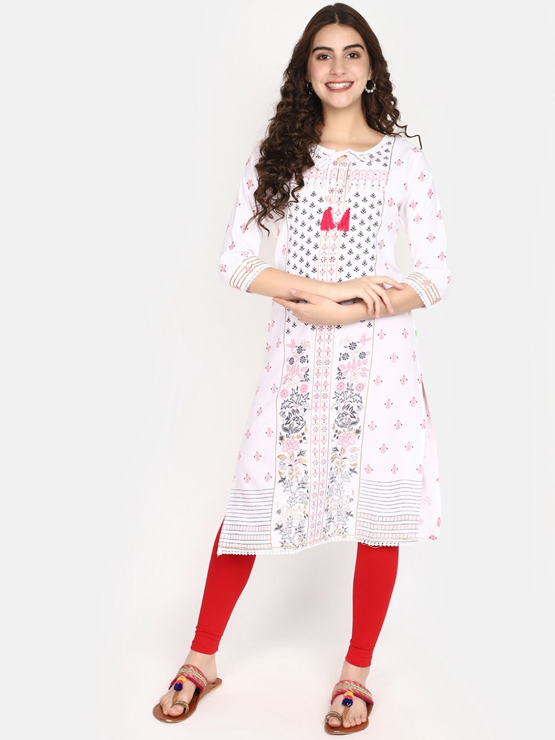 

V-Mart Floral Printed Sequinned A-Line Kurta, Off white