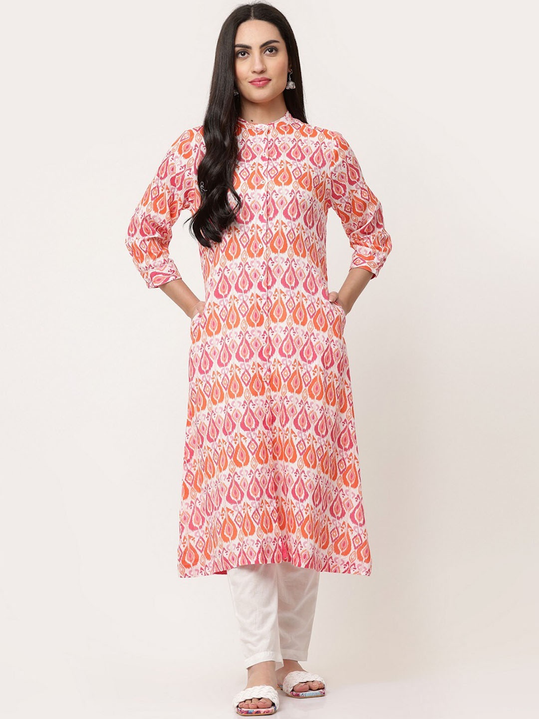 SAVI Ethnic Motifs Printed Band Collar Summer Sheers Kurta, Red