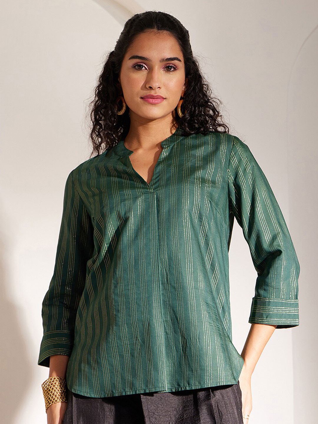 

FableStreet Vertical Striped Mandarin Collar Top, Green