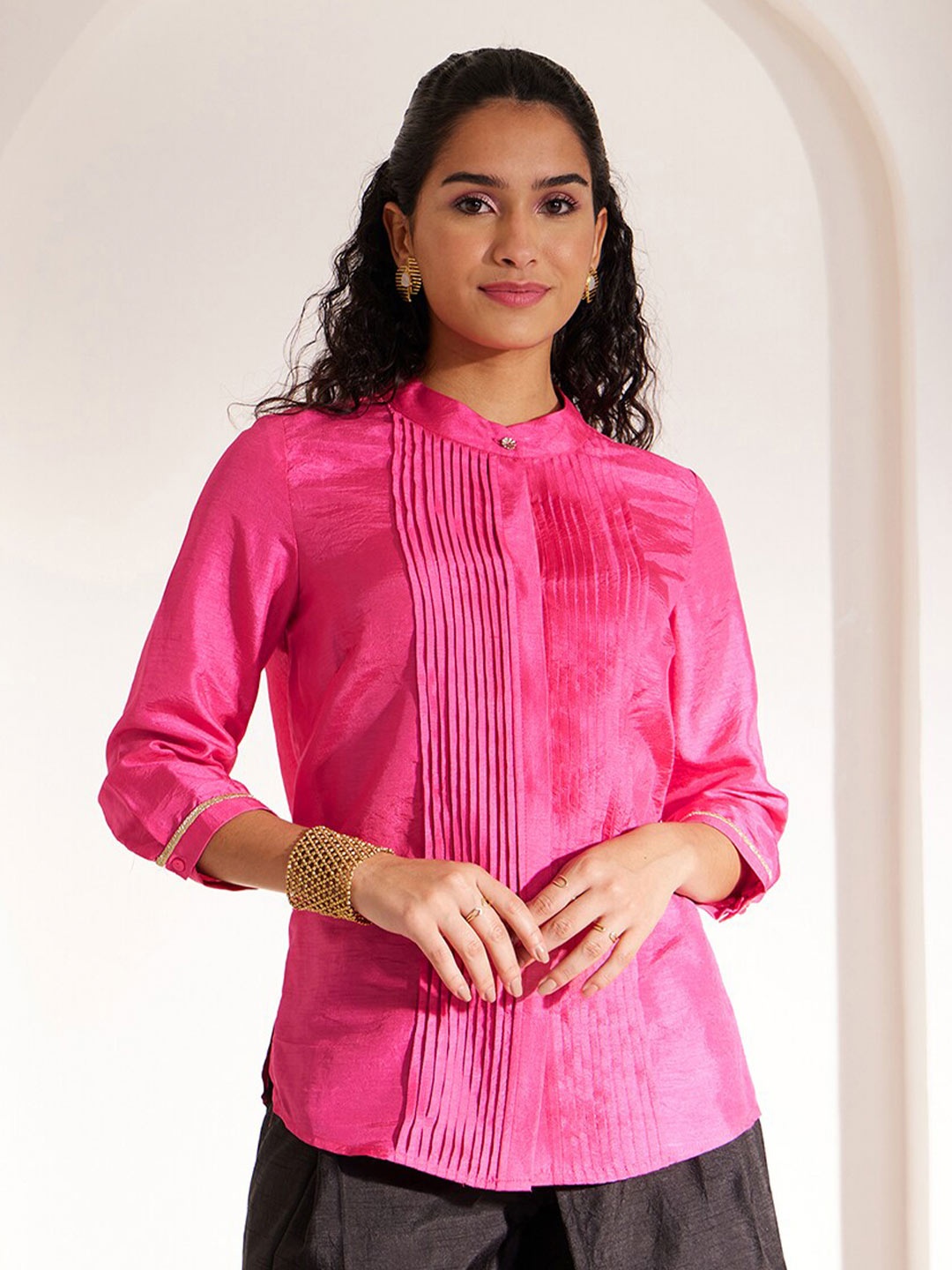 

FableStreet Classic Tailored Fit Band Collar Pin Tucks Casual Shirt, Pink