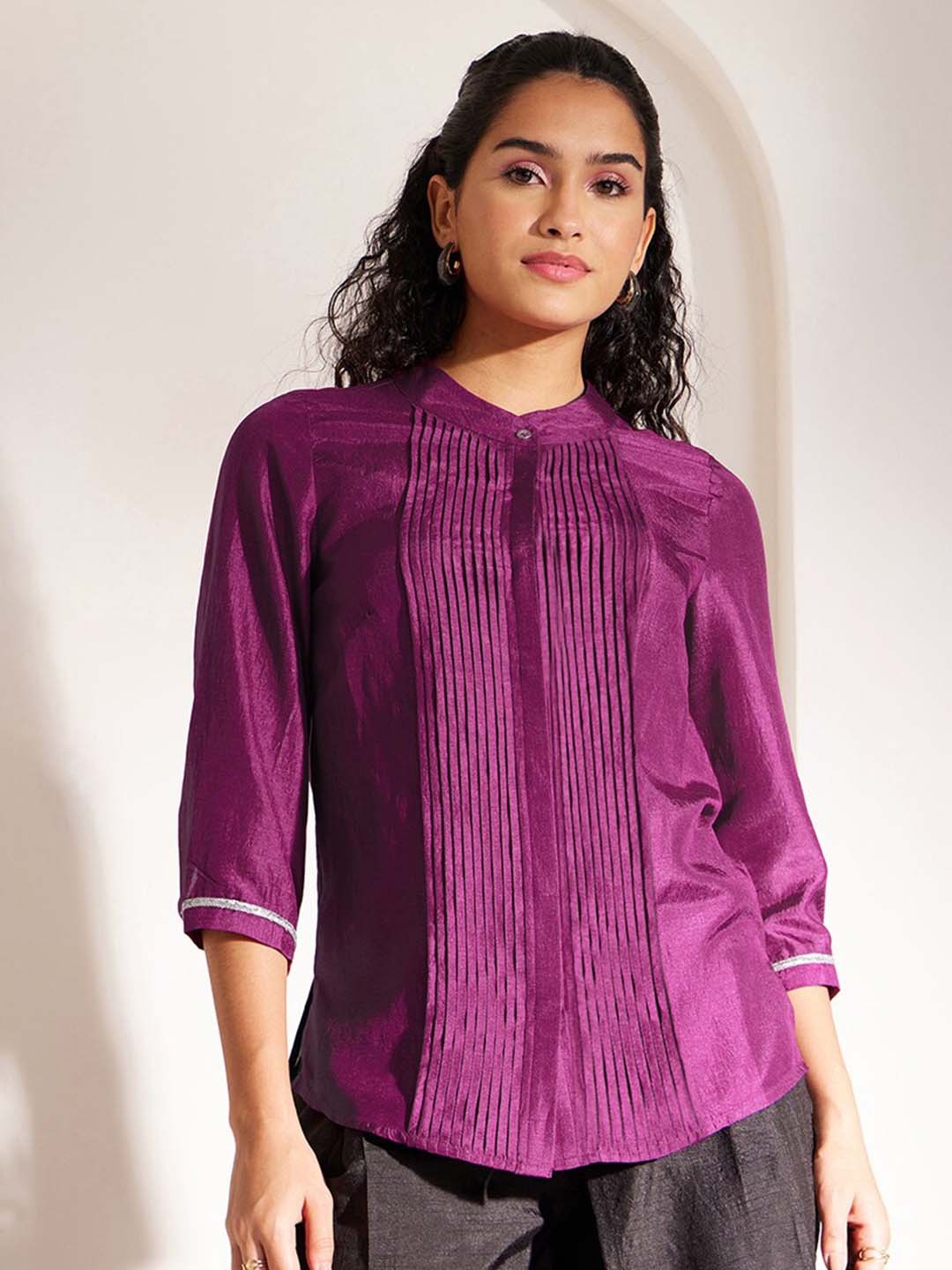 

FableStreet Classic Tailored Fit Band Collar Pin Tucks Casual Shirt, Purple