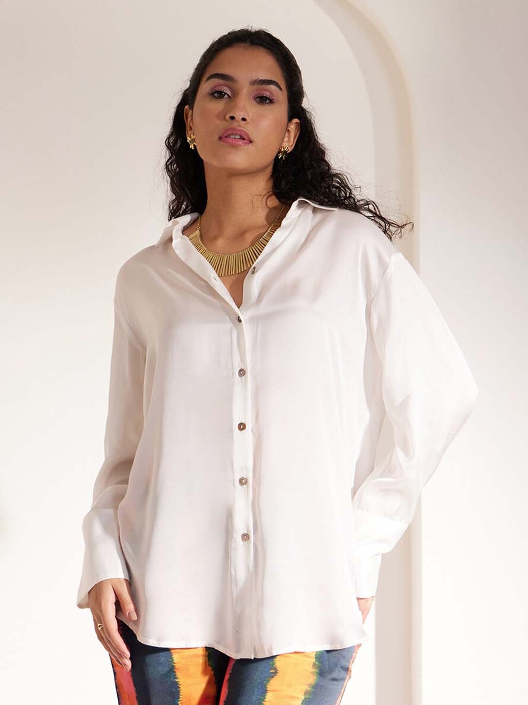

FableStreet Satin Shirt Style Top, White