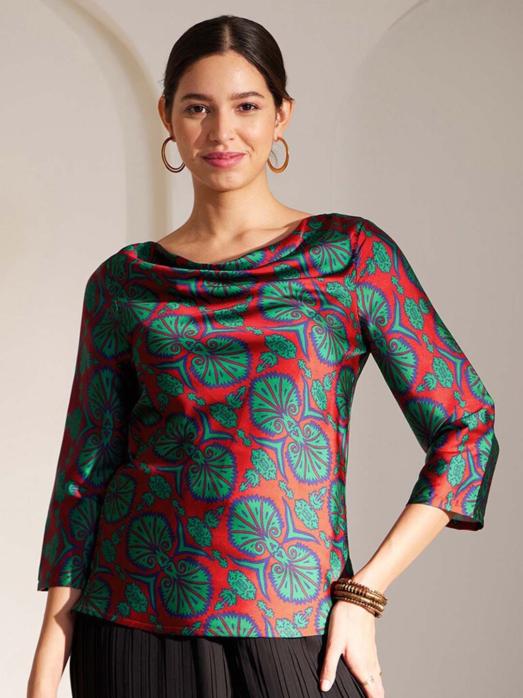 

FableStreet Ethnic Motifs Printed Cowl Neck Satin Top, Green