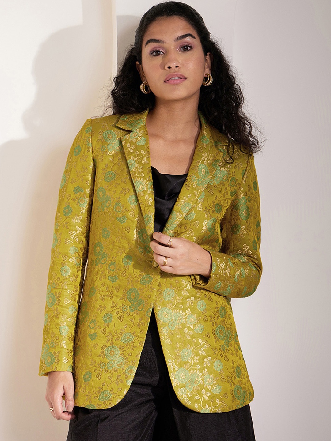 

FableStreet Women Floral Woven Design Notched Lapel Ethnic Blazer, Yellow