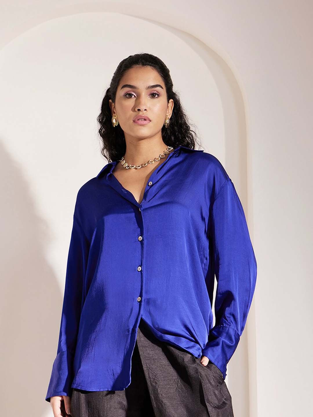 

FableStreet Satin Shirt Style Top, Blue