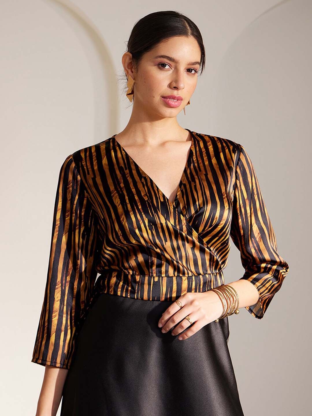 

FableStreet Vertical Striped Satin Wrap Top, Black