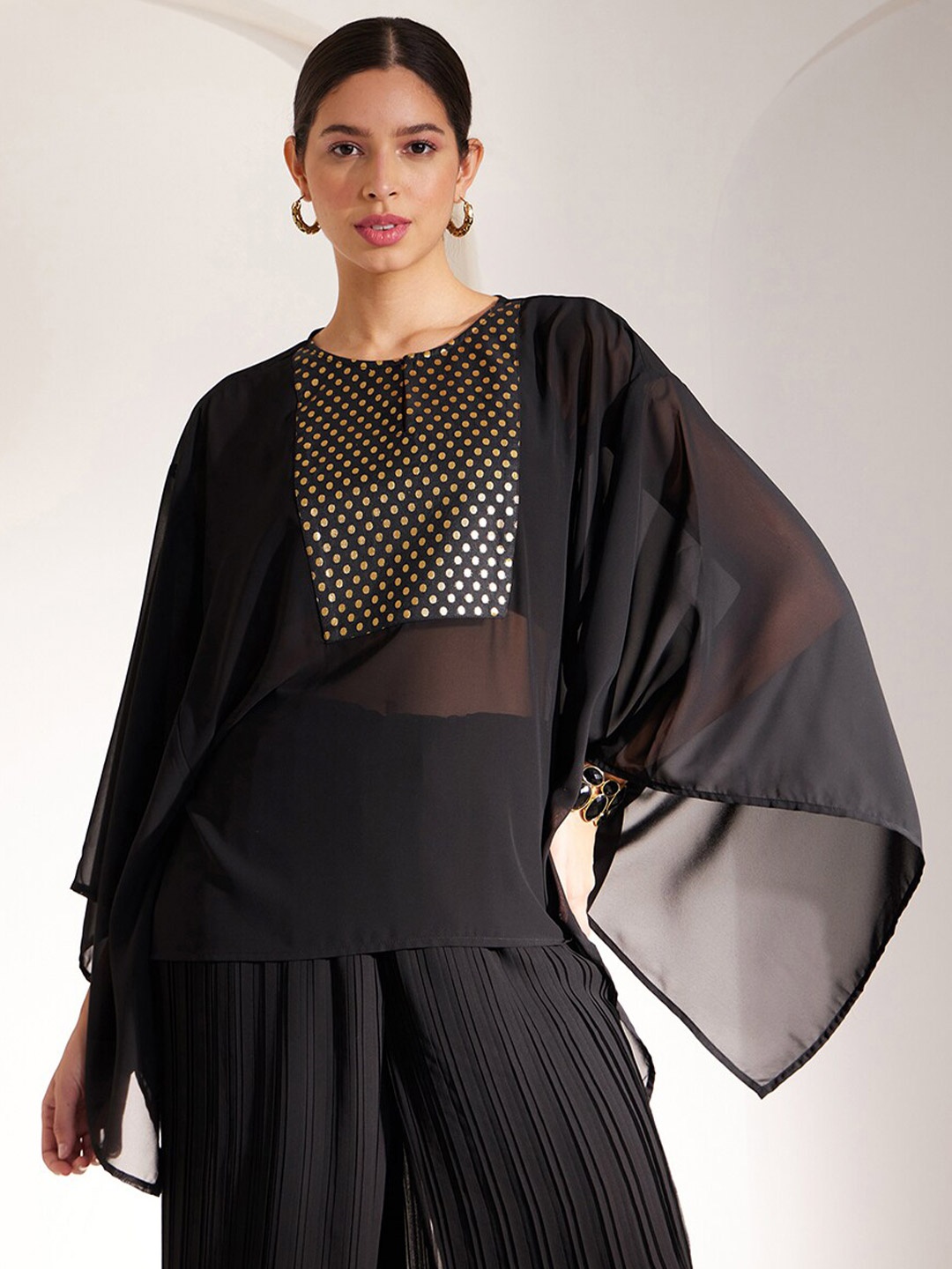 

FableStreet Polka Dots Woven Design Kaftan Top, Black