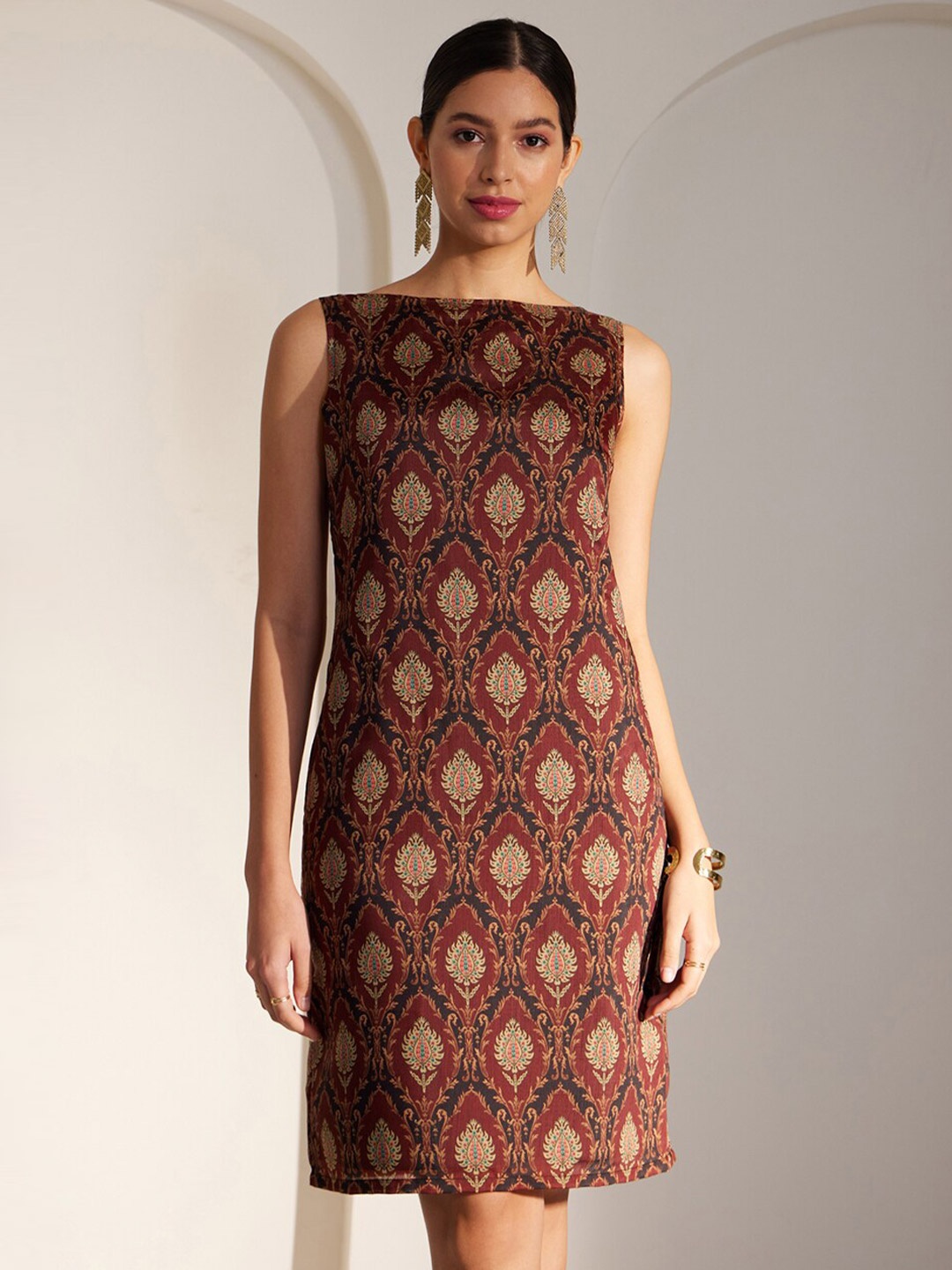 

FableStreet Ethnic Motifs Print A-Line Dress, Maroon