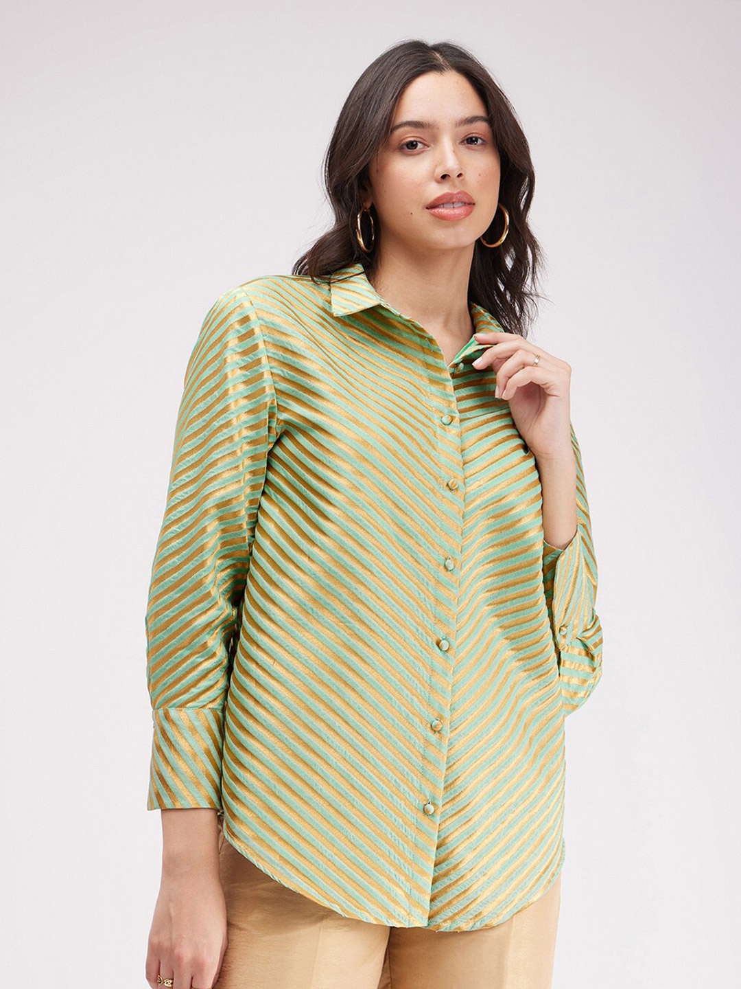 

FableStreet Striped Shirt Style Top, Green