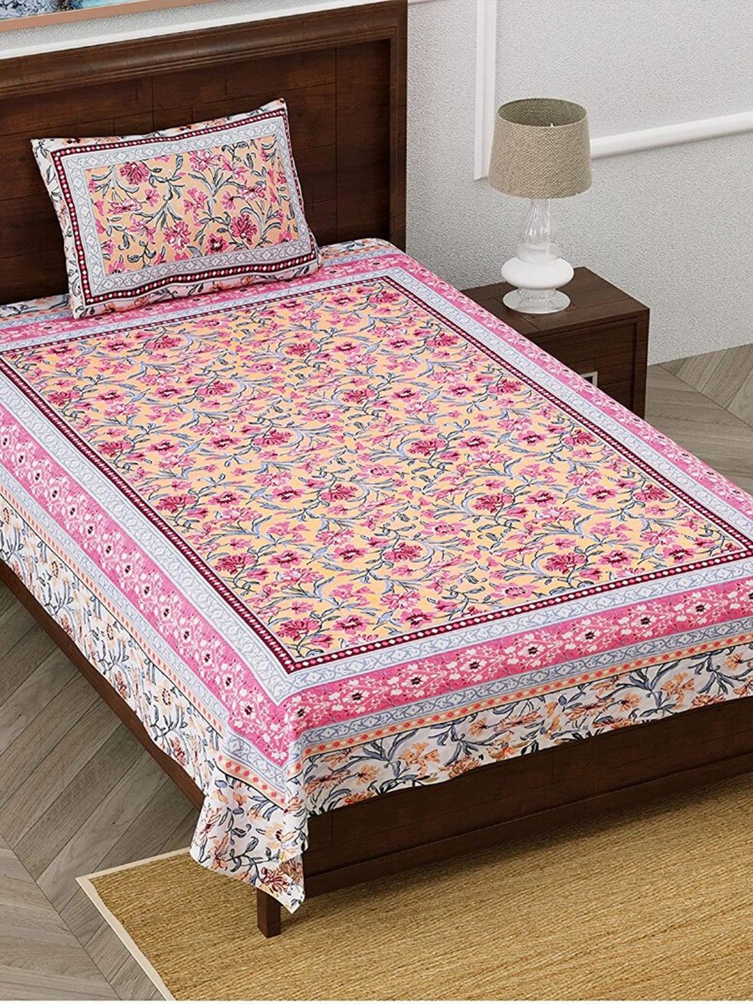 

EasyGoods Pink & Green Floral Cotton 210 TC Single Bedsheet With 1 Pillow Cover
