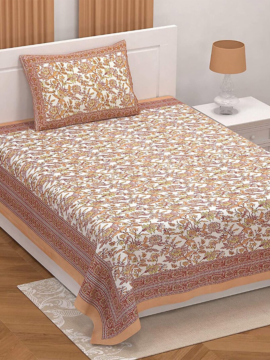 

EasyGoods Ethnicsingle Orange Floral Cotton 210 TC Single Bedsheet & 1 Pillow Cover