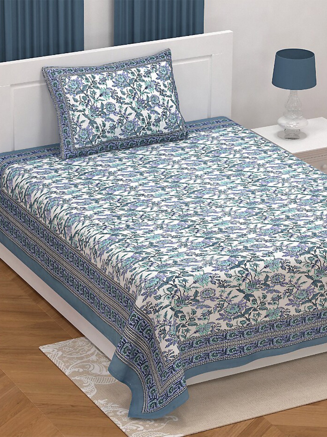 

EasyGoods Ethnicsingle Blue & White Floral Cotton 210 TC Single Bedsheet & 1 Pillow Cover