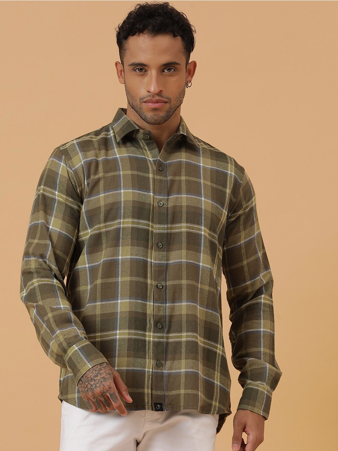 

JAVINISHKA Relaxed Tailored Fit Tartan Checked Pure Cotton Casual Shirt, Green