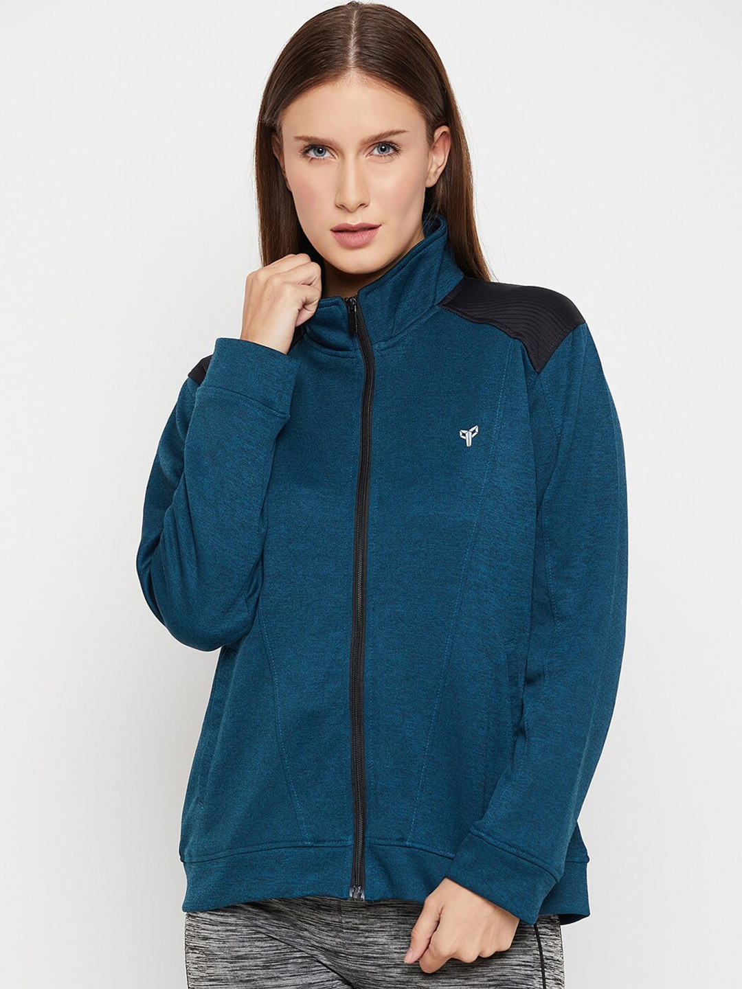 

POKER High Neck Long Sleeves Front-Open Sweatshirt, Blue