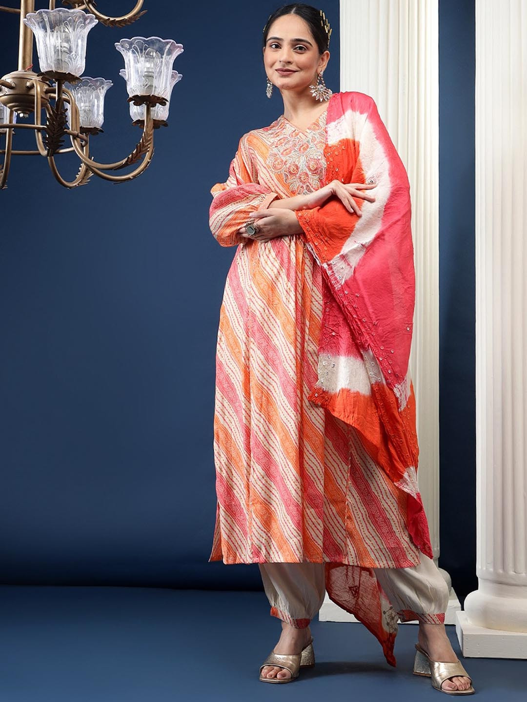 

Bani Women Leheriya Printed Thread Work Pure Cotton Straight Kurta & Salwar With Dupatta, Pink