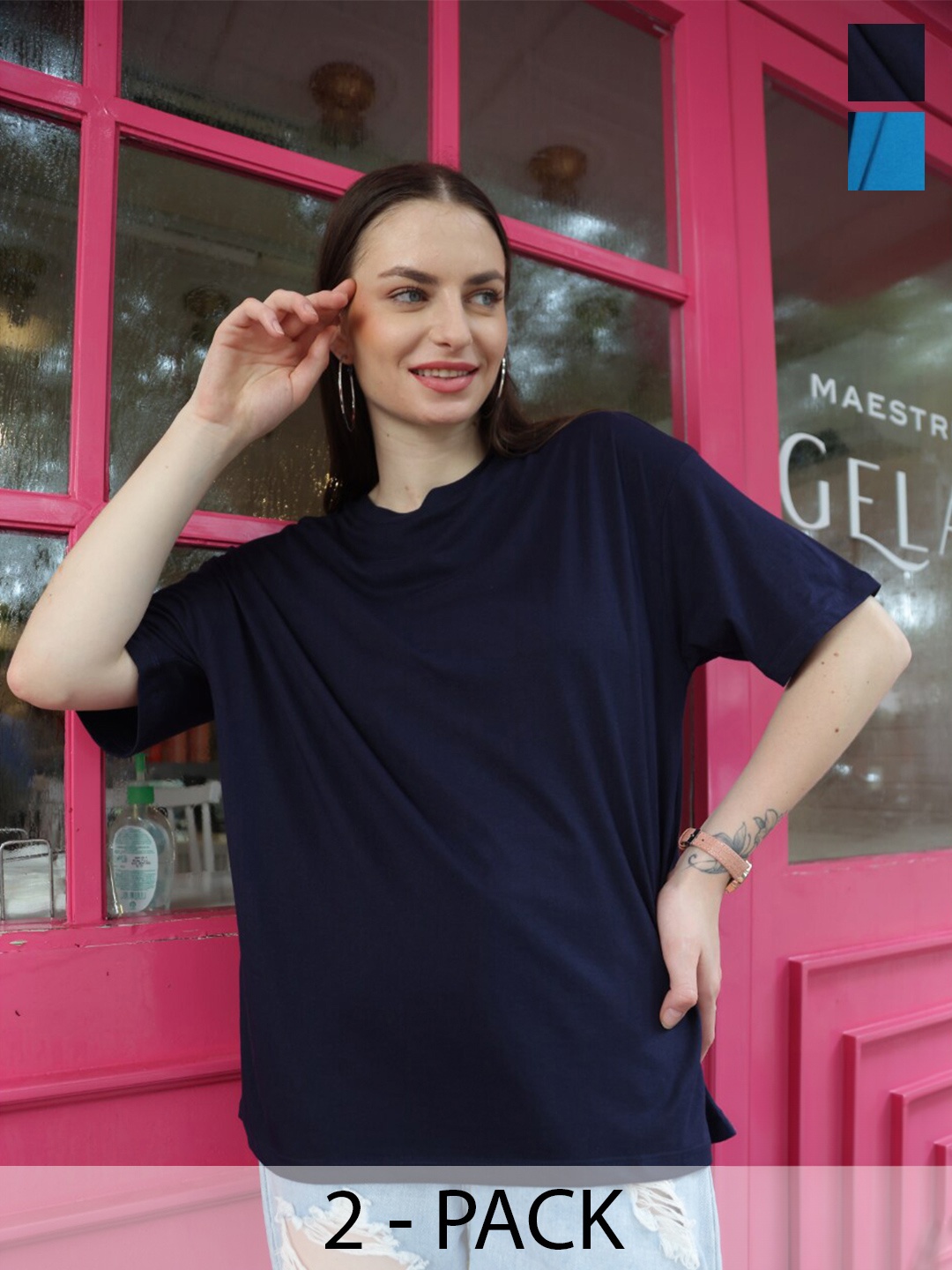 

TITTLI Pack Of 2 Drop-Shoulder Sleeves Pure Cotton Longline Oversized T-shirt, Navy blue