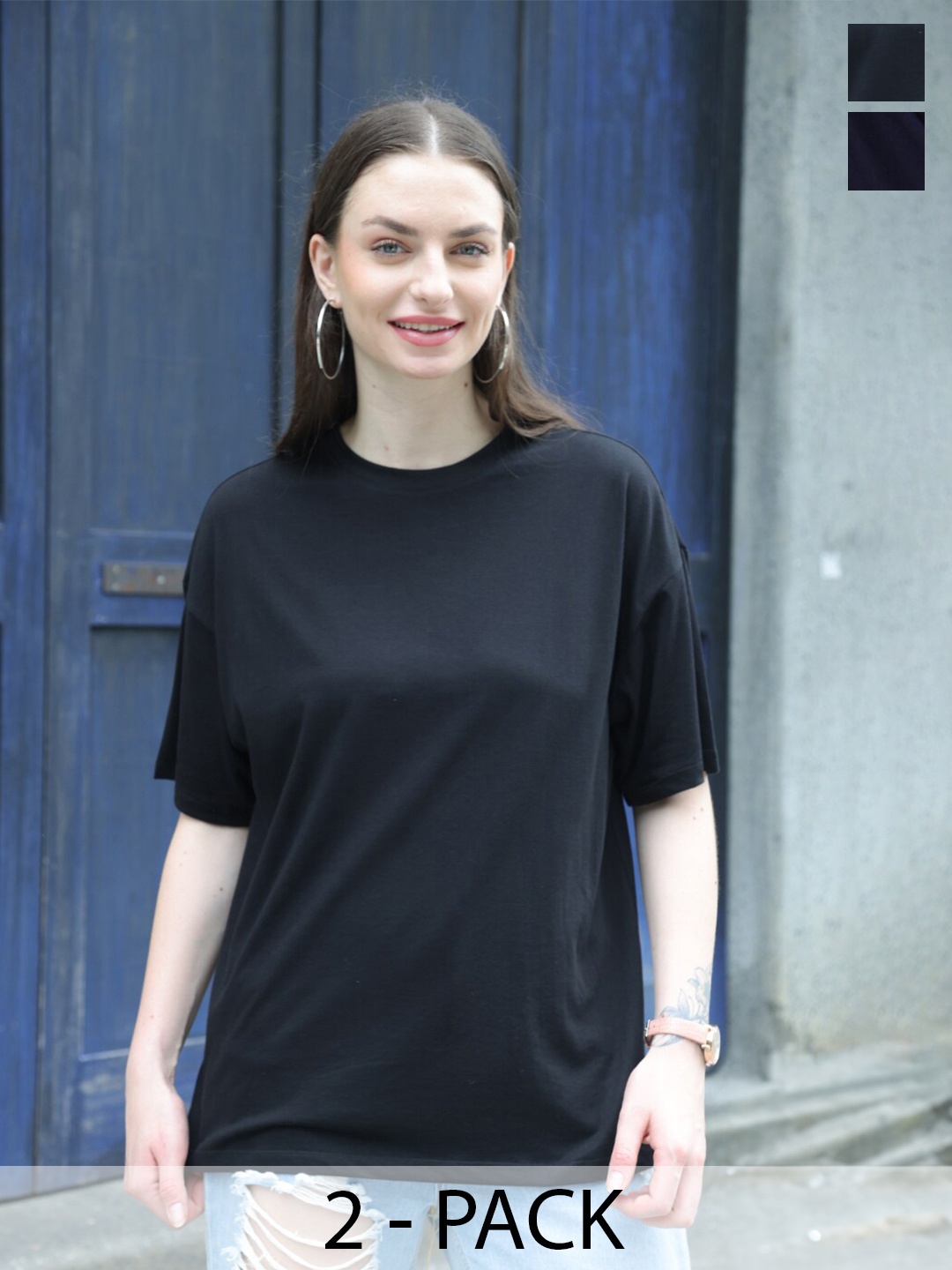 

TITTLI Pack Of 2 Round Neck Boxy Oversized Pure Cotton T-shirt, Black