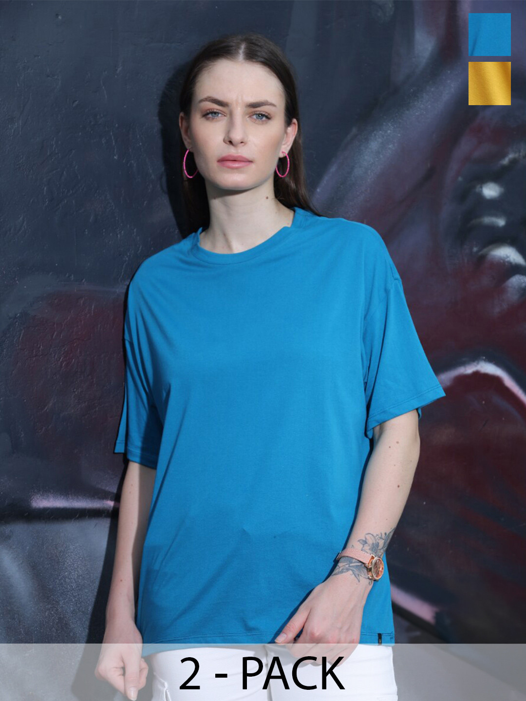 

TITTLI Pack Of 2 Drop-Shoulder Sleeves Pure Cotton Longline Oversized T-shirt, Blue