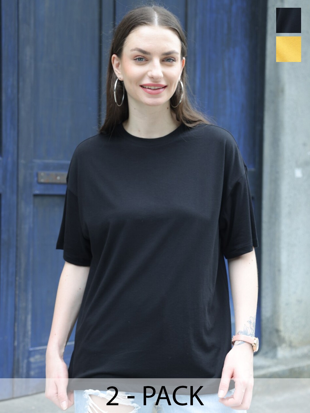 

TITTLI Pack Of 2 Oversized Longline Pure Cotton T-shirts, Black