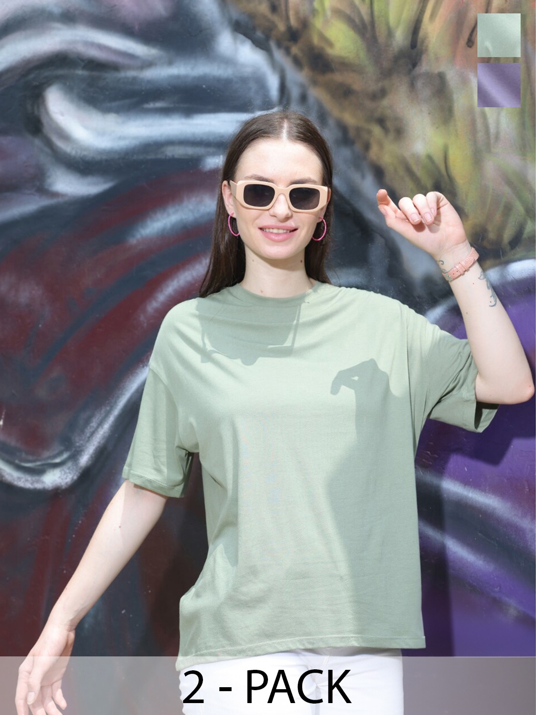 

TITTLI Pack Of 2 Drop-Shoulder Sleeves Pure Cotton Longline Oversized T-shirt, Olive