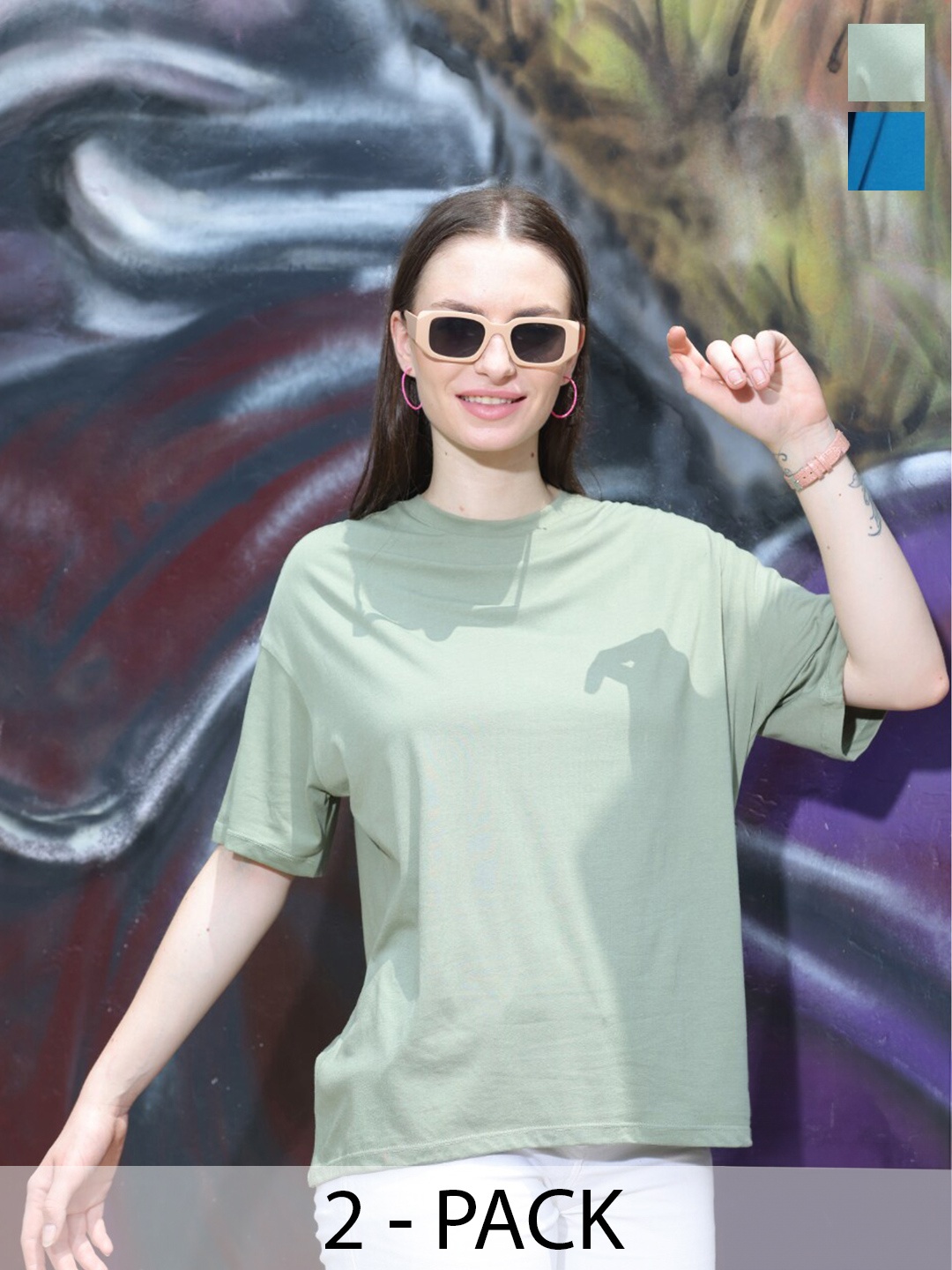 

TITTLI Pack Of 2 Drop-Shoulder Sleeves Oversized Pure Cotton T-shirt, Green