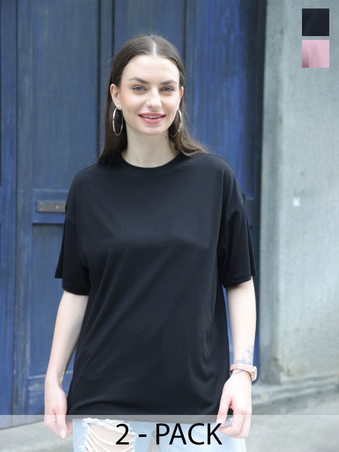 

TITTLI Pack Of 2 Pure Cotton Drop-Shoulder Sleeves Oversized T-shirt, Black