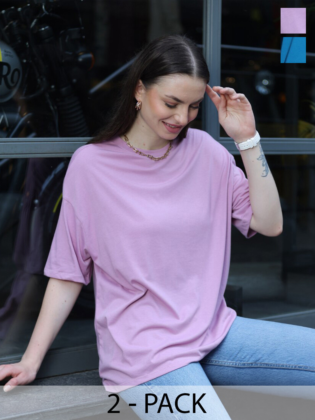

TITTLI Pack Of 2 Drop-Shoulder Sleeves Oversized Pure Cotton T-shirt, Lavender