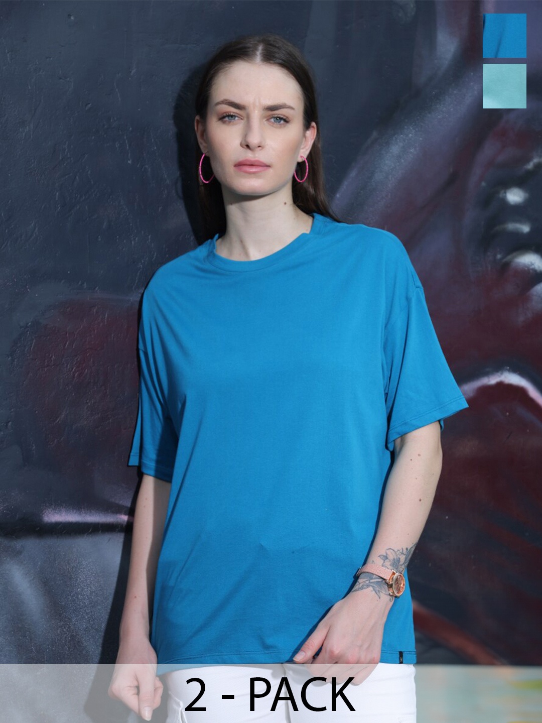 

TITTLI Pack Of 2 Round Neck Pure Cotton Oversized T-shirts, Blue