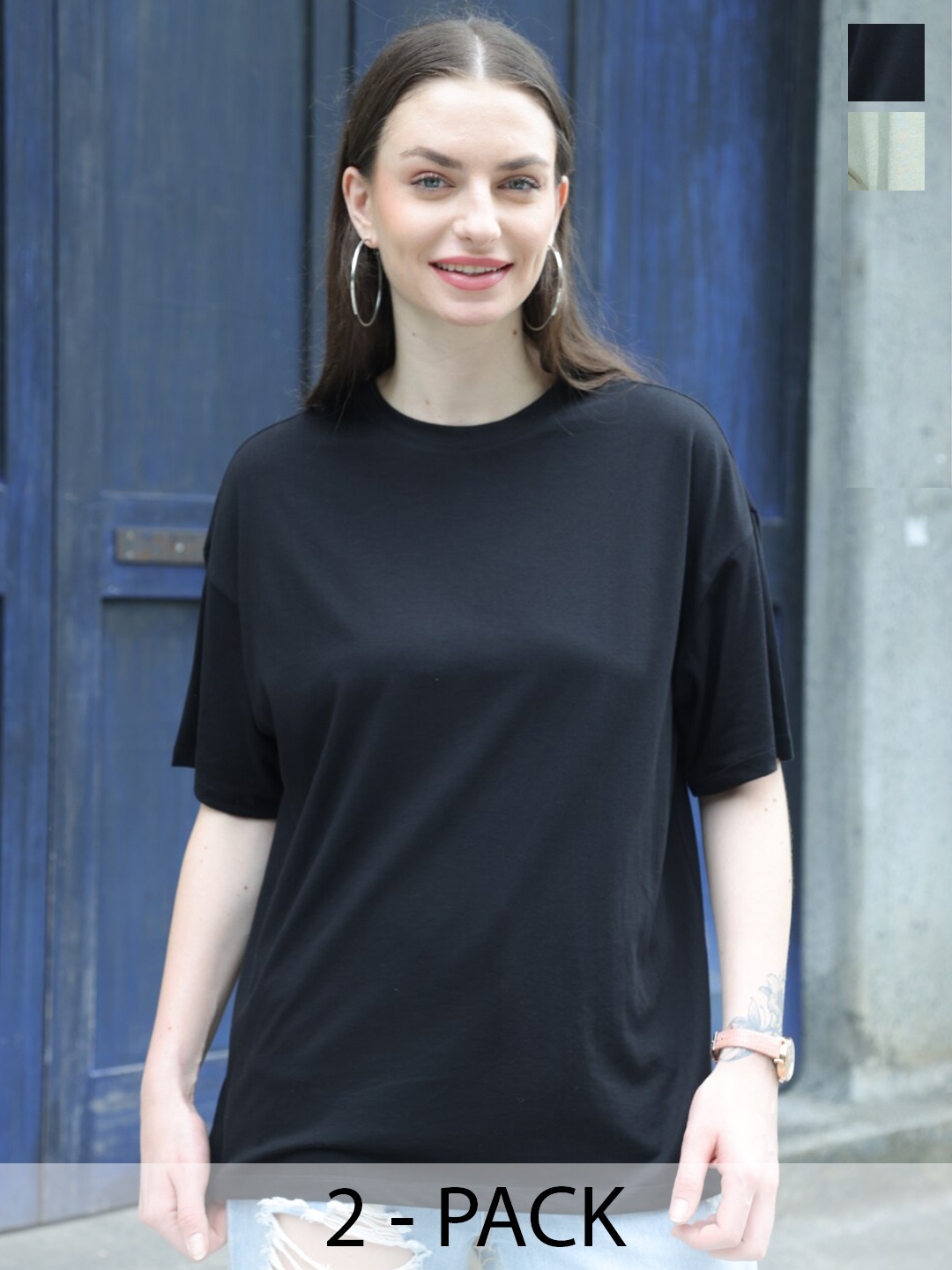 TITTLI Pack Of 2 Pure Cotton Drop-Shoulder Sleeves Oversized T-shirt, Black