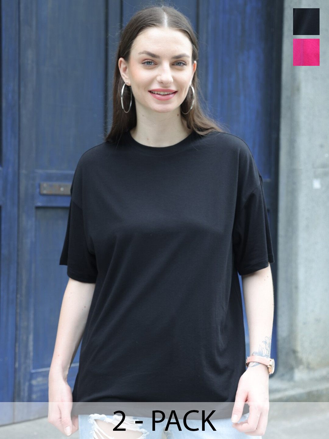 

TITTLI Pack Of 2 Round Neck Drop-Shoulder Sleeves Pure Cotton Boxy T-shirt, Black