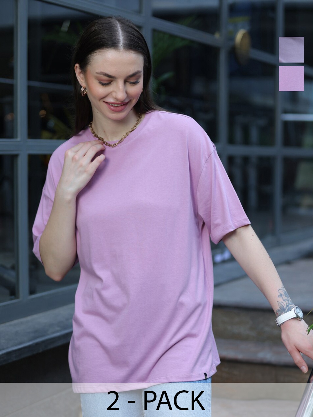 

TITTLI Women Pack Of 2 Pure Cotton Oversized Boxy T-shirt, Bronze