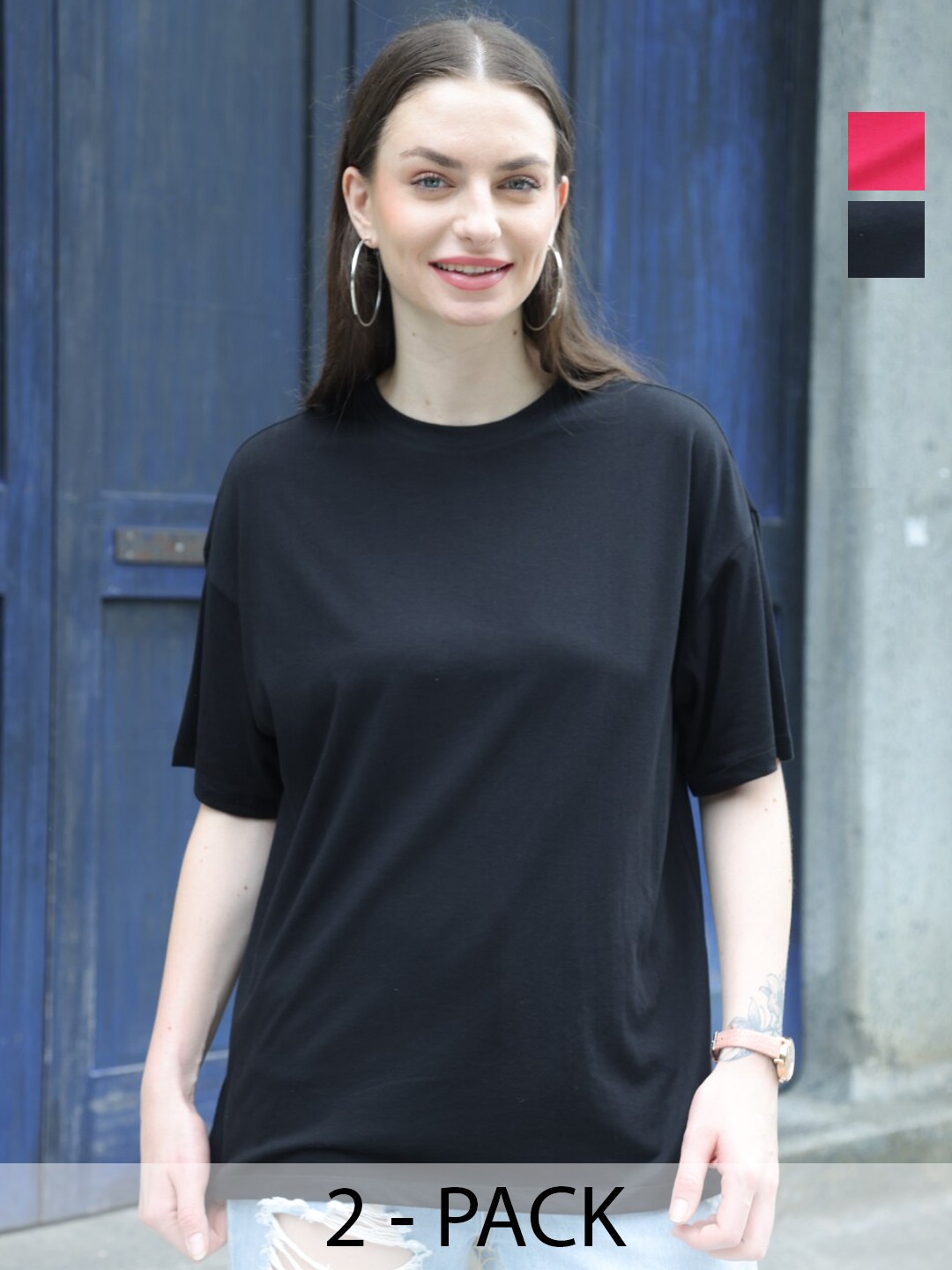 

TITTLI Pack Of 2 Oversized Pure Cotton Boxy T-shirt, Black
