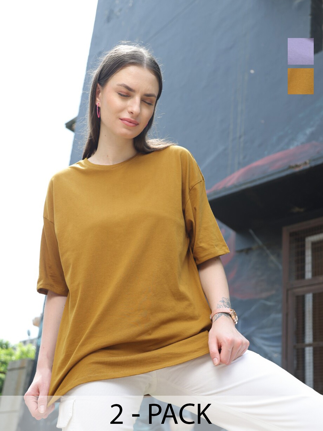 

TITTLI Pack Of 2 Round Neck Pure Cotton Oversized T-shirts, Mustard