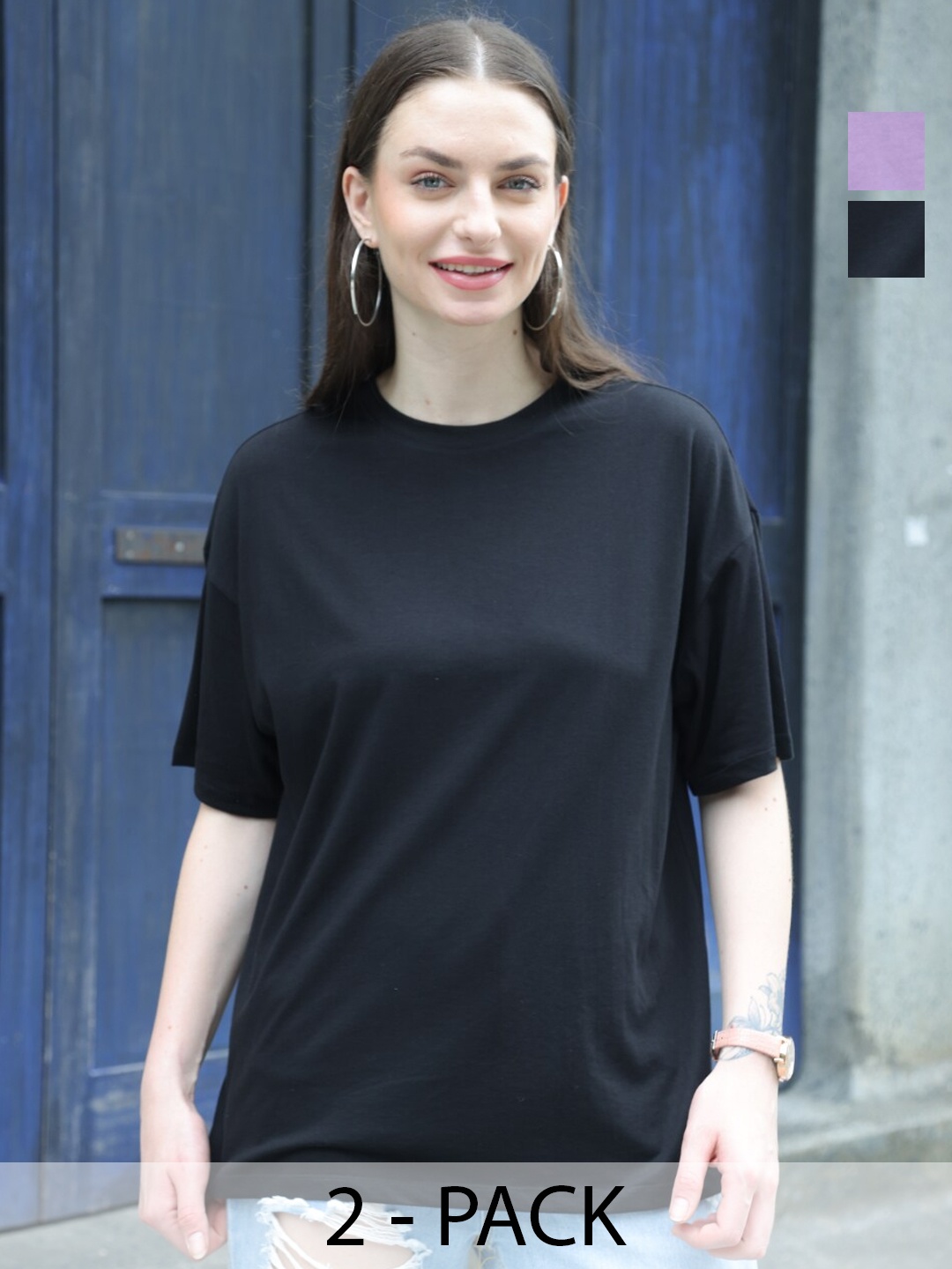 TITTLI Pack Of 2 Round Neck Pure Cotton Oversized T-shirts, Black