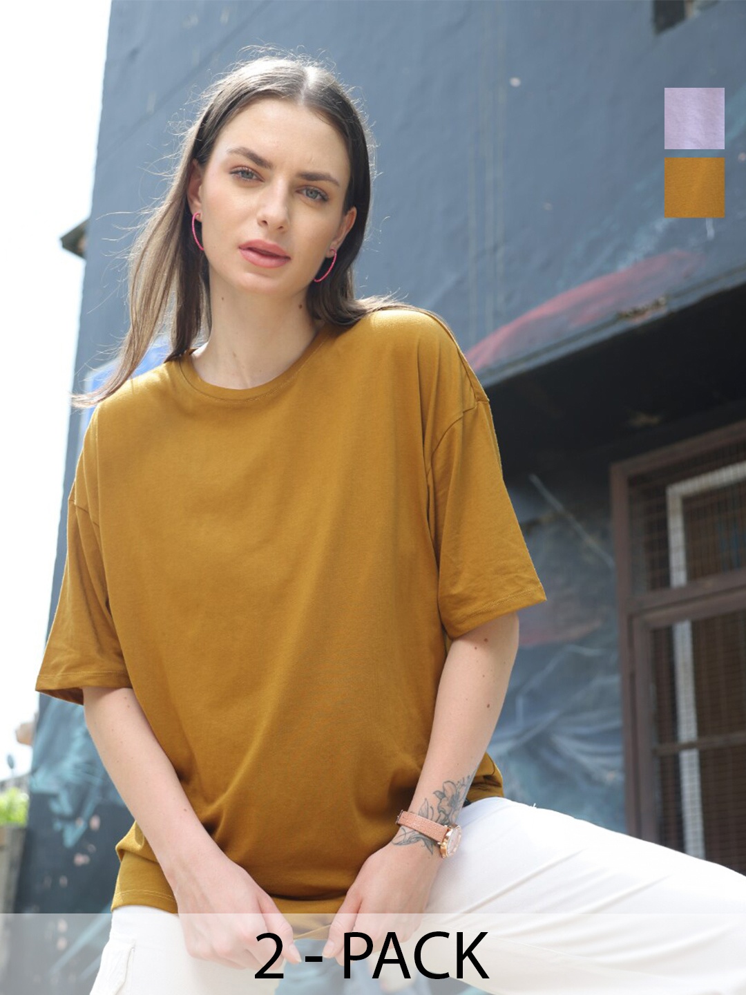 

TITTLI Pack Of 2 Round Neck Drop-Shoulder Sleeves Pure Cotton Oversized T-shirt, Copper