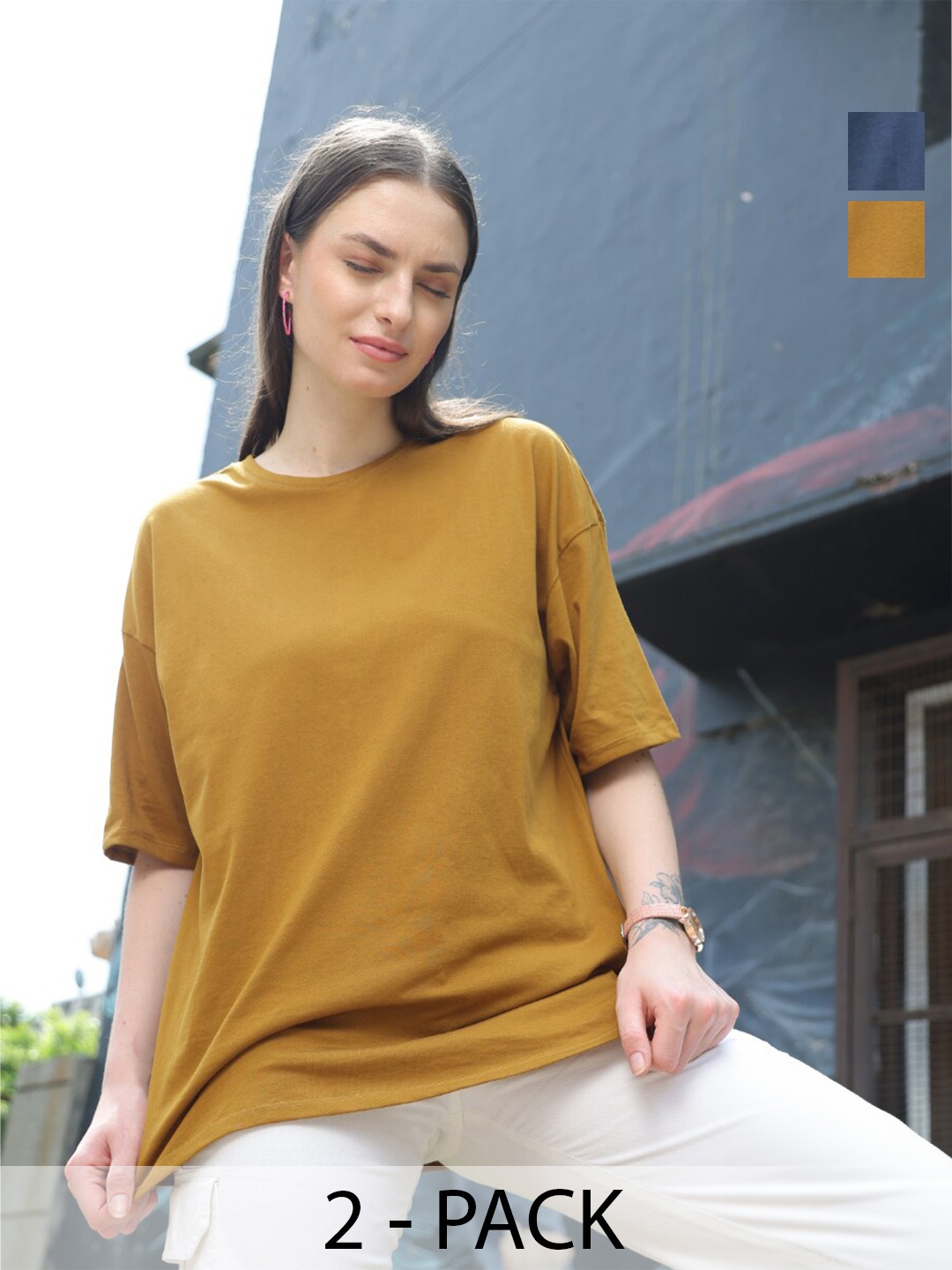 

TITTLI Pack Of 2 Round Neck Pure Cotton Boxy T-shirt, Copper