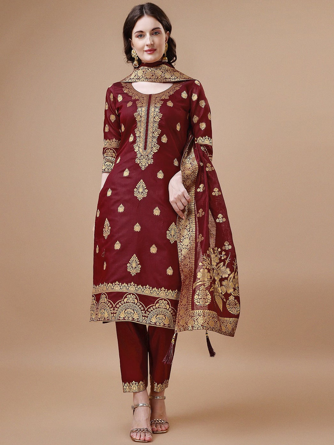 

Berrylicious Ethnic Motif Woven Design Regular Chanderi Silk Kurta With Trousers & Dupatta, Maroon