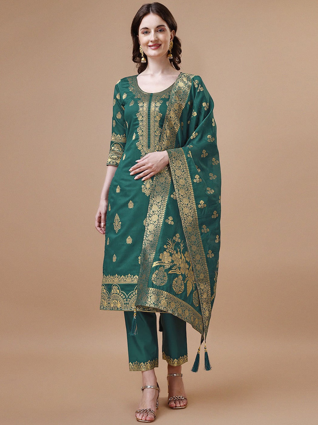 

Berrylicious Ethnic Motif Woven Design Regular Chanderi Silk Kurta With Trousers & Dupatta, Teal