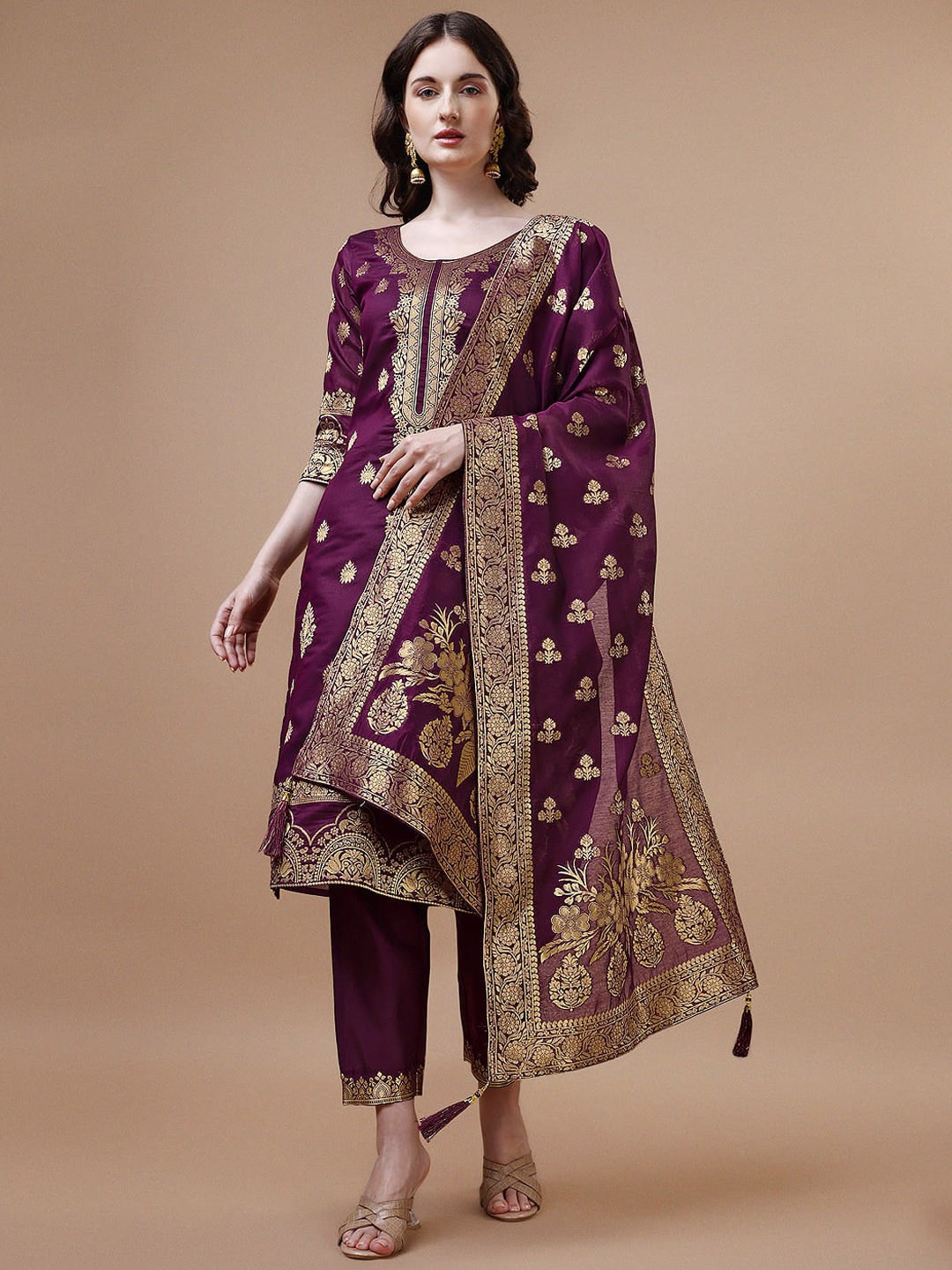 

Berrylicious Ethnic Motif Woven Design Regular Chanderi Silk Kurta With Trousers & Dupatta, Magenta