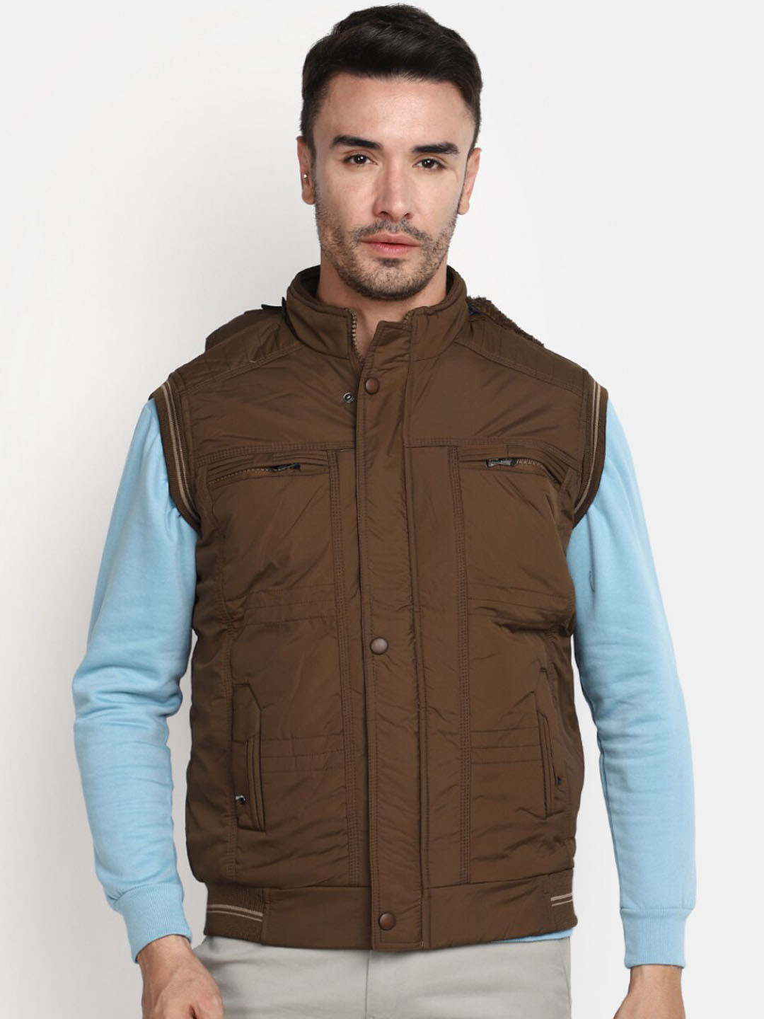 

V-Mart Mock Collar Zip Detail Sleeveless Cotton Bomber Jacket, Brown